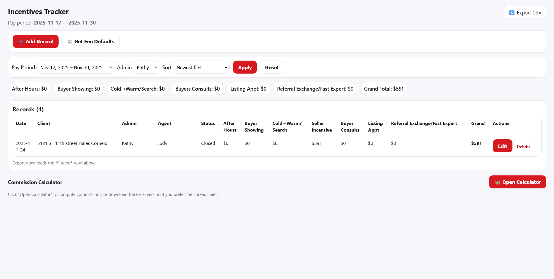 Incentives tracker with filters, category totals and CSV export