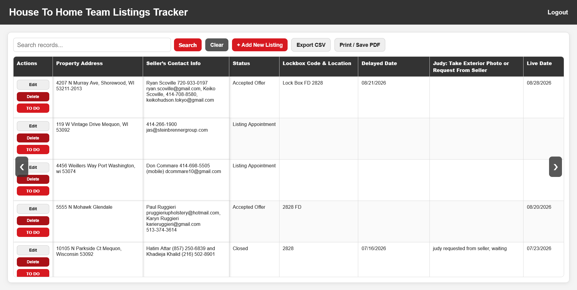 House To Home Team Listings Tracker dashboard created by Christina Witzel