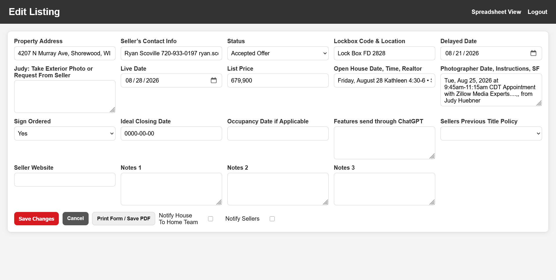Listings Tracker edit screen with listing workflow fields