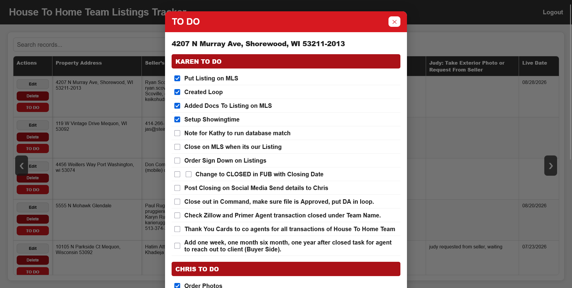 Listings Tracker team to-do checklist